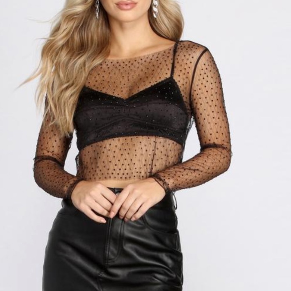 BLACK BEADED MESH LONG SLEEVE CROP TOP